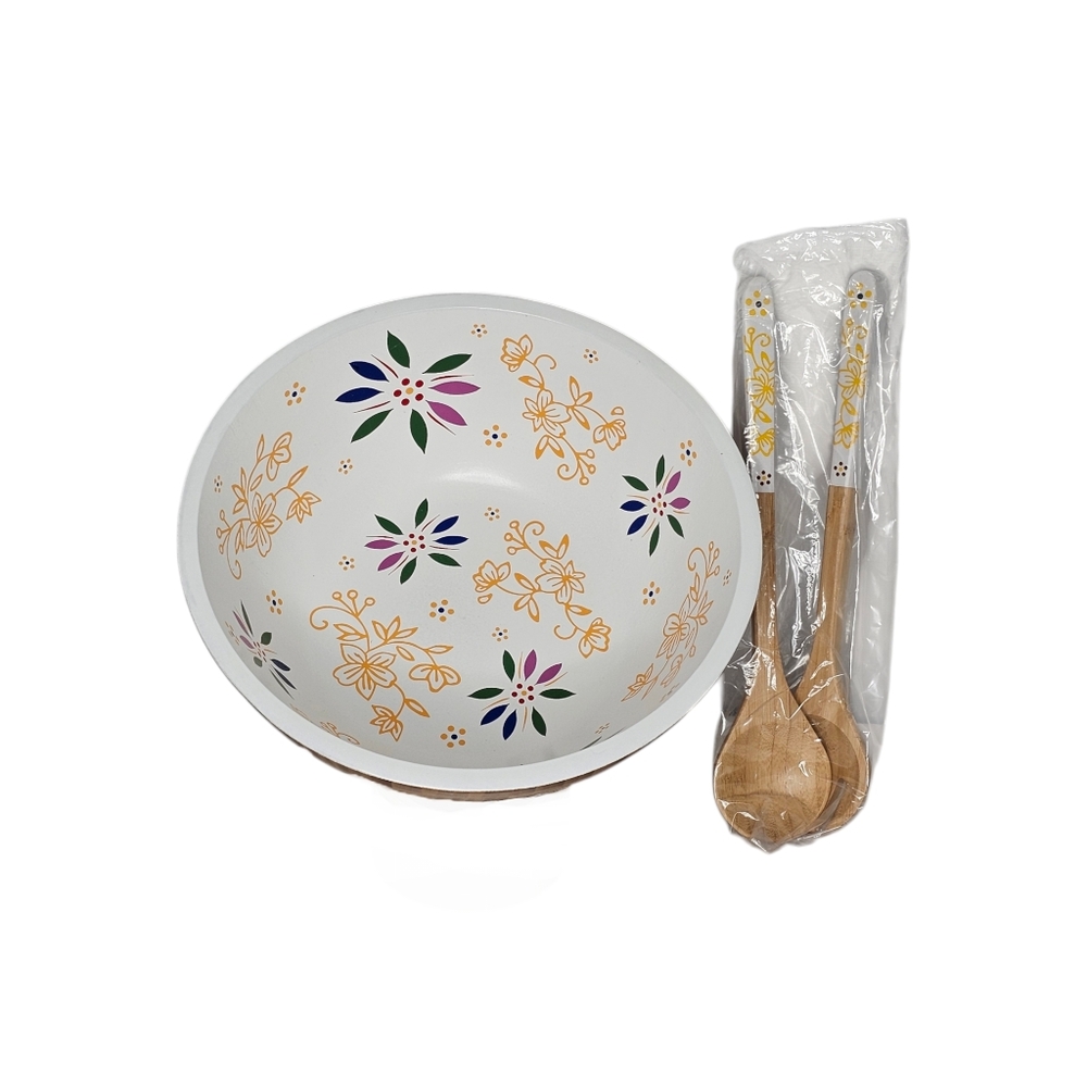 Temptation Bamboo Salad Bowl 3 pc Set With Serving Spoons Multi-colored Floral